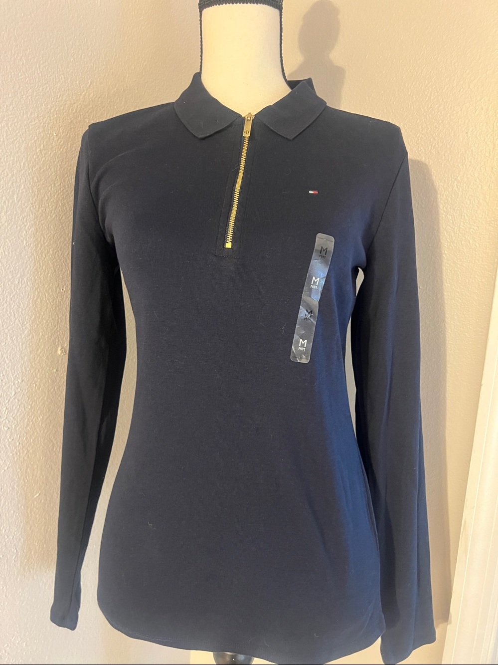 Tommy Hilfiger Navy Long-Sleeve Polo with Gold Zip